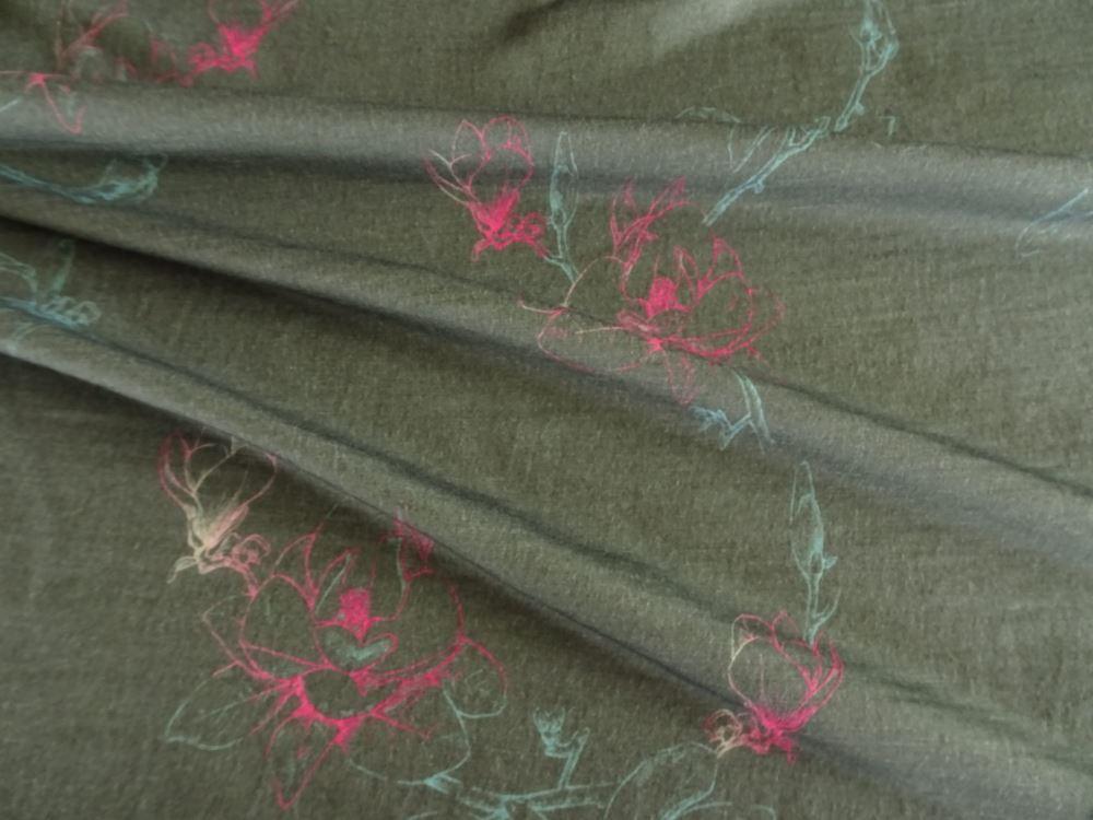 58cm Pink Teal Flower Soft Green 100% Merino Jersey 190g- precut