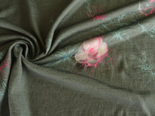 Load image into Gallery viewer, 90cm Pink Teal Flower Soft Green 100% Merino Jersey 190g- precut