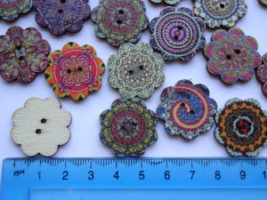 40 Retro Print Flower Shape Wood like Buttons 25mm diameter