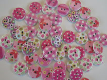 Load image into Gallery viewer, 25 Pink Shades Mixed floral gingham buttons 15mm White back 2 holes
