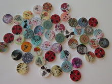 Load image into Gallery viewer, 25 Mixed print- floral, music, heart, animal, cat, butterfly, dream 15mm buttons