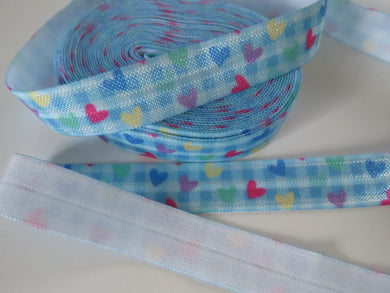 2m Hearts on blue checked Fold Over Elastic FOE Foldover elastic 15mm