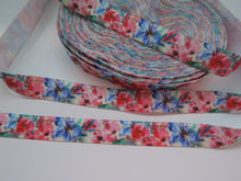 Load image into Gallery viewer, 1m Pink and Blue floral print Fold Over Elastic FOE Foldover 15mm