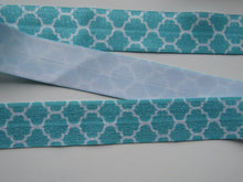 Load image into Gallery viewer, 10m Teal and white geometric print Wider 25mm Fold over elastic FOE FoldOver Elastic