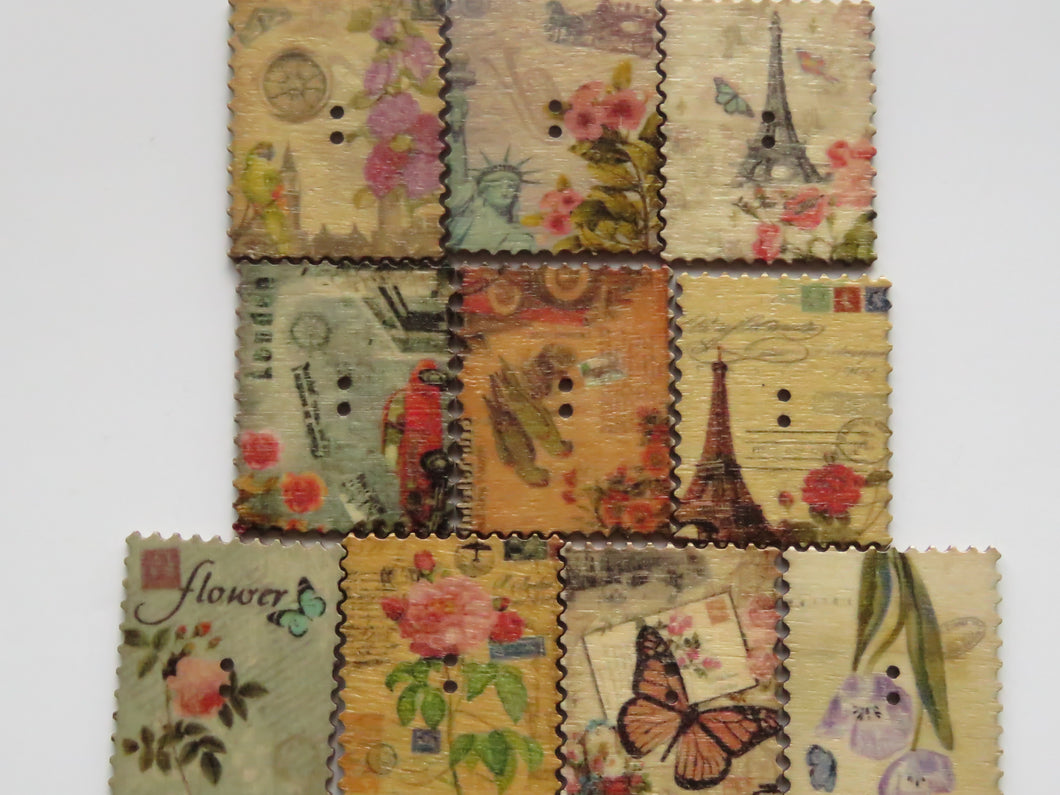 10 Postage Stamp Paris Floral Vintage Theme 2 holes 35 x 30mm