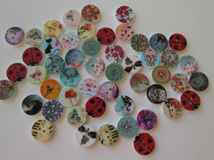 50 Mixed print- floral, music, heart, animal, cat, butterfly, dream 15mm buttons