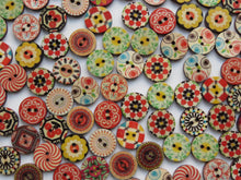Load image into Gallery viewer, 25 Mixed Print bright retro vintage mixed print 15mm buttons 2 holes