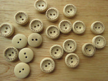 Load image into Gallery viewer, 25  Handmade printed on circumference with 2 hearts 15mm wood look buttons