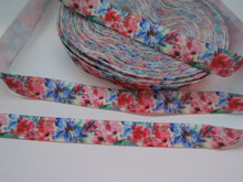 Load image into Gallery viewer, 5m Pink and Blue floral print Fold Over Elastic FOE Foldover 15mm