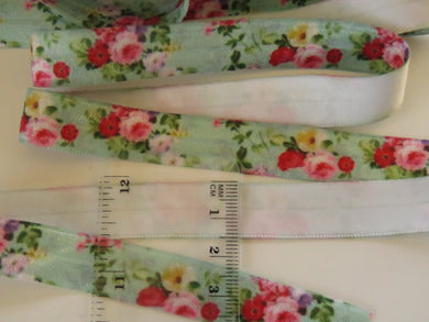 10m Pink and  Red Roses on Green Fold over FOE Foldover Elastic 15mm wide