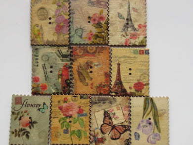 9 Postage Stamp Paris Floral Vintage Theme Buttons 2 holes 35 x 30mm