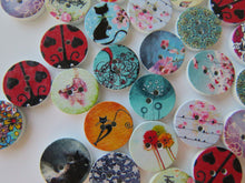 Load image into Gallery viewer, 50 Mixed print- floral, music, heart, animal, cat, butterfly, dream 15mm buttons