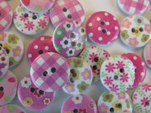 Load image into Gallery viewer, 25 Pink Shades Mixed floral gingham buttons 15mm White back 2 holes