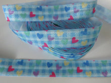 Load image into Gallery viewer, 2m Hearts on blue checked Fold Over Elastic FOE Foldover elastic 15mm