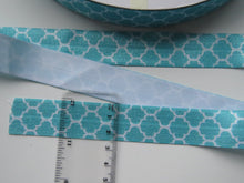 Load image into Gallery viewer, 10m Teal and white geometric print Wider 25mm Fold over elastic FOE FoldOver Elastic