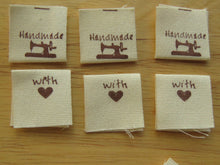 Load image into Gallery viewer, 10 Red Font Handmade and Sewing Machine cotton flag labels 20 x 20mm