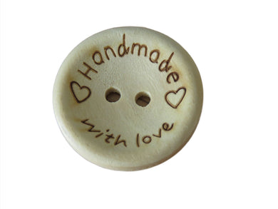 25 Larger 25mm Handmade  with Love and Hearts wood look buttons