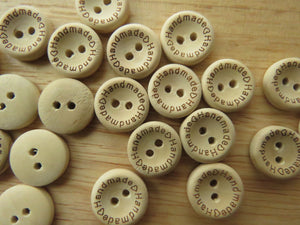 25  Handmade printed on circumference with 2 hearts 15mm wood look buttons