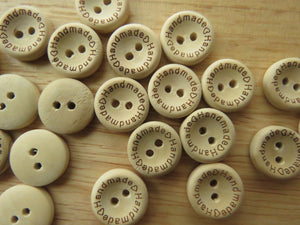 100 Handmade printed on circumference with 2 hearts 15mm wood look buttons