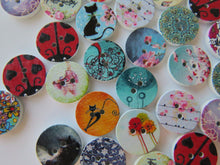Load image into Gallery viewer, 25 Mixed print- floral, music, heart, animal, cat, butterfly, dream 15mm buttons