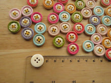 Load image into Gallery viewer, 50 Buttons- random mix of colours 15mm diameter. Single flower with mixed colour background 4 holes