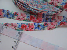 Load image into Gallery viewer, 1m Pink and Blue floral print Fold Over Elastic FOE Foldover 15mm