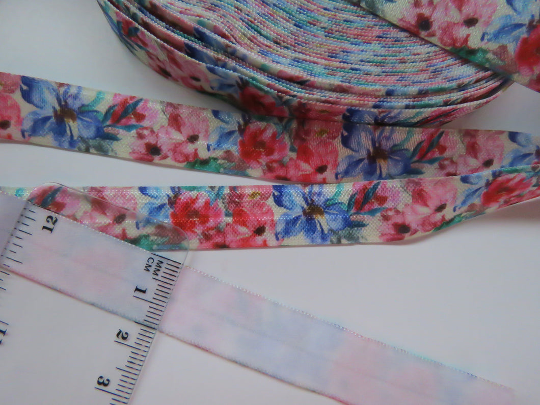 1m Pink and Blue floral print Fold Over Elastic FOE Foldover 15mm