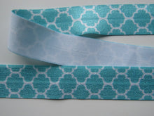 Load image into Gallery viewer, 10m Teal and white geometric print Wider 25mm Fold over elastic FOE FoldOver Elastic