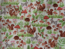 Load image into Gallery viewer, 1.5m Woodland print with fox, rabbit, hedgehog and mushrooms print organic cotton spandex jersey knit fabric 150cm
