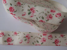 Load image into Gallery viewer, 5 yards/ 4.6m Pink roses with grey leaves print on Cream 100% cotton tape 15mm wide