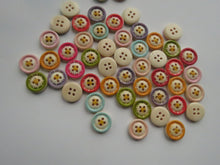 Load image into Gallery viewer, 50 Buttons- random mix of colours 15mm diameter. Single flower with mixed colour background 4 holes