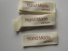 Load image into Gallery viewer, 25 Handmade with Love in red font with heart 100% Cotton labels 50mm x 15mm