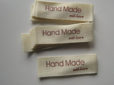 25 Handmade with Love in red font with heart 100% Cotton labels 50mm x 15mm