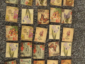 9 Postage Stamp Paris Floral Vintage Theme 2 holes 35 x 30mm