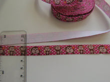 Load image into Gallery viewer, 5 yards (4.5m approx) Monkey Print on pink with white spot Fold Over Elastic FOE Foldover15mm