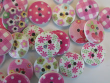 Load image into Gallery viewer, 25 Pink Shades Mixed floral gingham buttons 15mm White back 2 holes