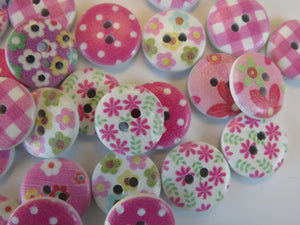 25 Pink Shades Mixed floral gingham buttons 15mm White back 2 holes