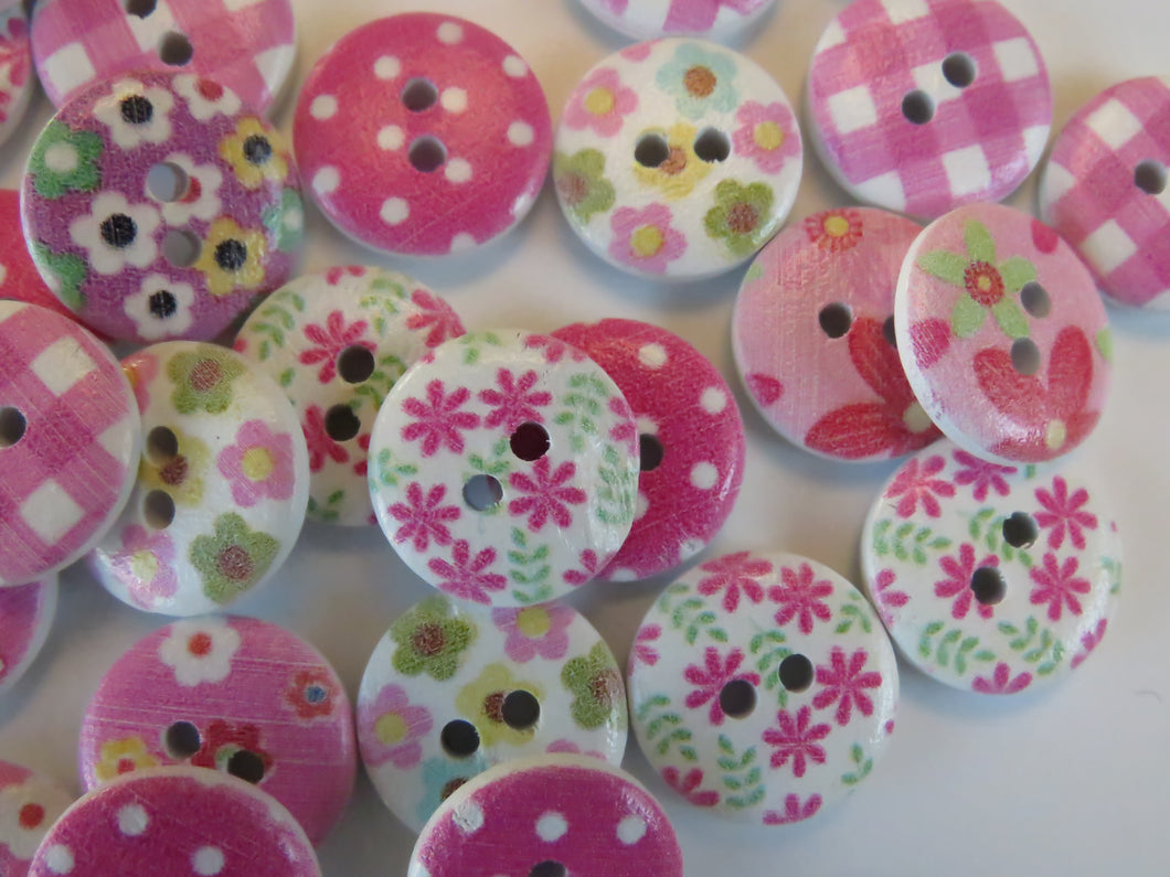 25 Pink Shades Mixed floral gingham buttons 15mm White back 2 holes