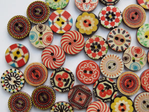 25 Mixed Print bright retro vintage mixed print 15mm buttons 2 holes