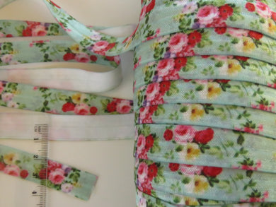 5m Pink and  Red Roses on Green Fold over FOE Foldover Elastic 15mm wide