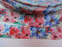 Load image into Gallery viewer, 1m Pink and Blue floral print Fold Over Elastic FOE Foldover 15mm