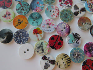 50 Mixed print- floral, music, heart, animal, cat, butterfly, dream 15mm buttons