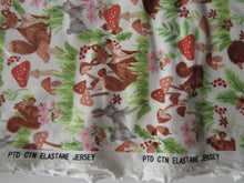 Load image into Gallery viewer, 1.5m Woodland print with fox, rabbit, hedgehog and mushrooms print organic cotton spandex jersey knit fabric 150cm