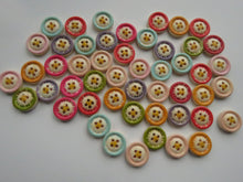 Load image into Gallery viewer, 50 Buttons- random mix of colours 15mm diameter. Single flower with mixed colour background 4 holes