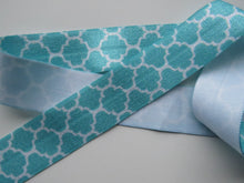 Load image into Gallery viewer, 10m Teal and white geometric print Wider 25mm Fold over elastic FOE FoldOver Elastic