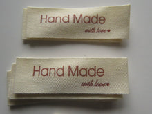 Load image into Gallery viewer, 25 Handmade with Love in red font with heart 100% Cotton labels 50mm x 15mm