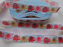 Load image into Gallery viewer, 5 yards/ 4.6m Elephant print on blue  Fold Over Elastic FOE Foldover elastic 15mm