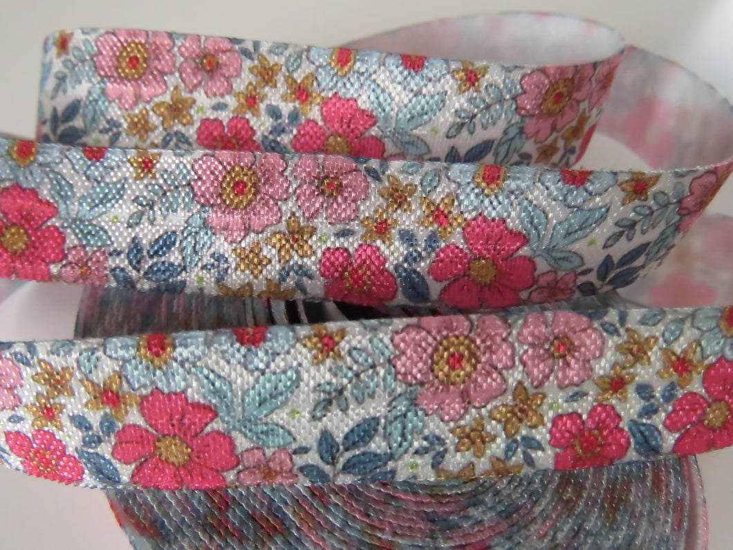 2m Pink Blue floral print Fold Over Elastic FOE Foldover elastic 15mm