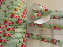 Load image into Gallery viewer, 5m Pink and  Red Roses on Green Fold over FOE Foldover Elastic 15mm wide