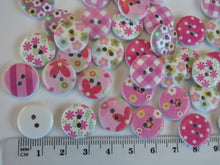 Load image into Gallery viewer, 25 Pink Shades Mixed floral gingham buttons 15mm White back 2 holes